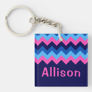 Cool Blue Pink Chevron Monogram Square Keychain