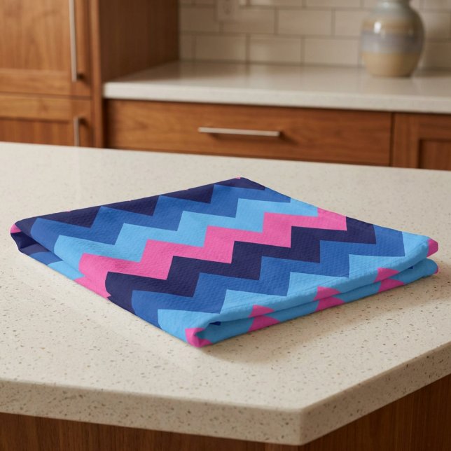 Cool Blue Pink Chevron Pattern Kitchen Towel (Cool Blue Pink Chevron Pattern Kitchen Towel folded on a counter in a kitchen.)