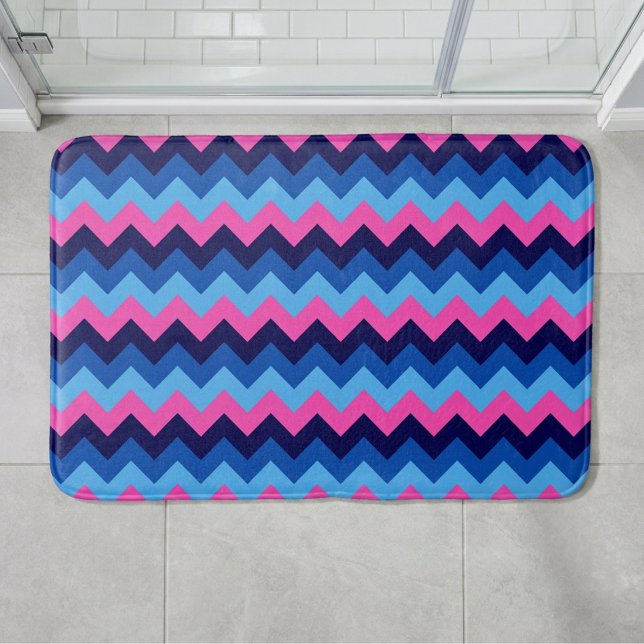 Cool Blue Pink Chevron Pattern Medium Bath Mat (Cool Blue Pink Chevron Pattern Medium Bath Mat laying on floor in front of shower in a bathroom.)