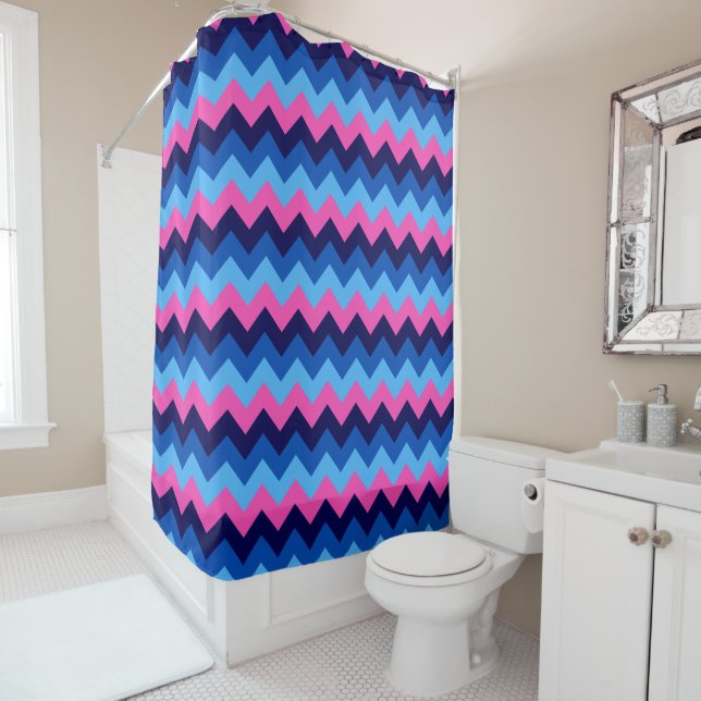 Cool Blue Pink Chevron Pattern Shower Curtain (In Situ)