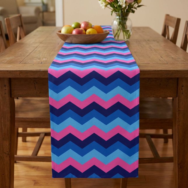Cool Blue Pink Chevron Pattern Small Table Runner (Cool Blue Pink Chevron Pattern Small Table Runner covering a table in a dining room in a home.)