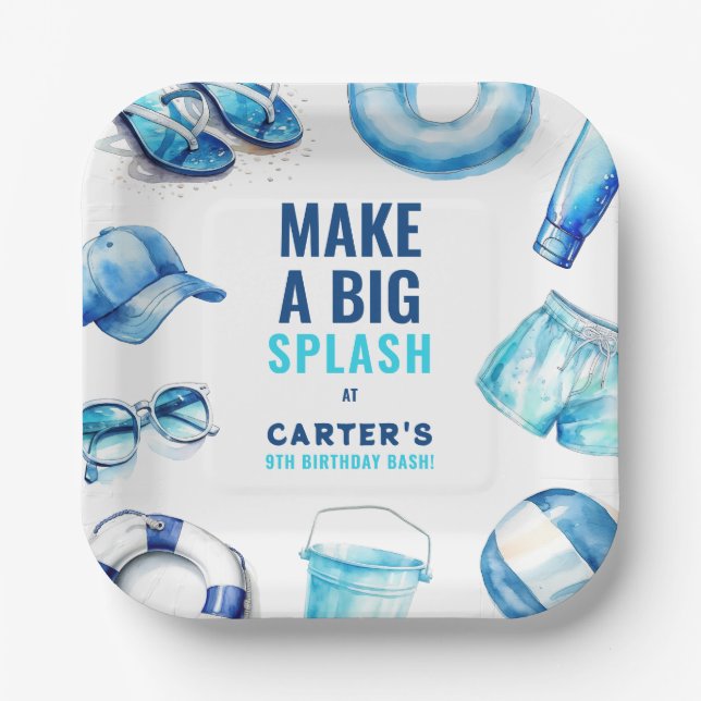 Cool Blue Pool Party Summer Boys Birthday Paper Plate (Front)