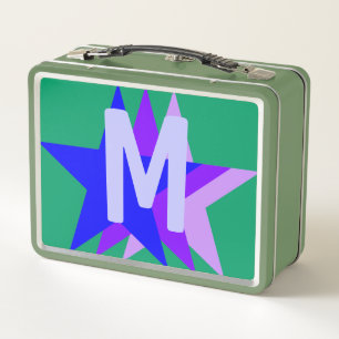 Cool Blue Purple Pink Stars, Green Monogrammed Kid Metal Lunch Box