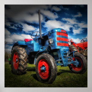 Cool Blue Red Antique Tractor Gifts for Farmers Poster