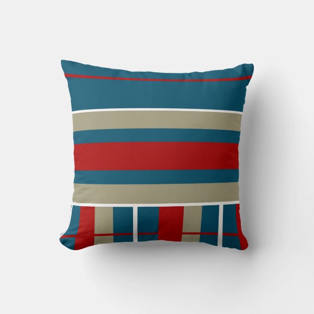 Cool Blue Red Tan White Striped Pattern Nautical Cushion (Front)