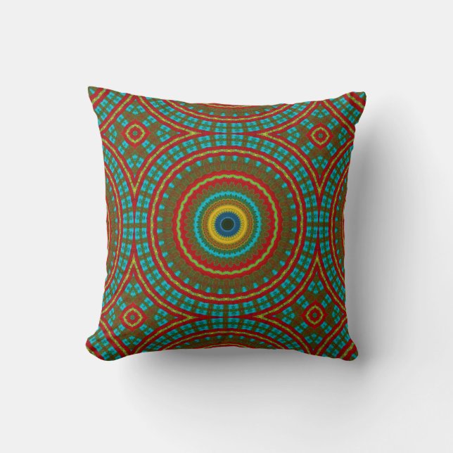 Cool Blue Red Yellow Retro Geometric Ethnic Tribal Cushion (Front)