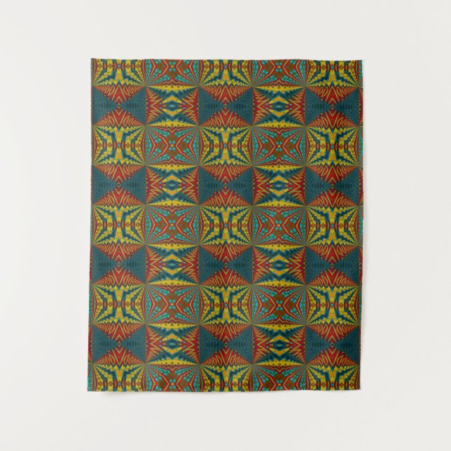 Cool Blue Red Yellow Retro Geometric Ethnic Tribal Tapestry (Front)
