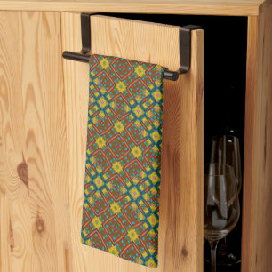 Cool Blue Red Yellow Retro Geometric Ethnic Tribal Tea Towel