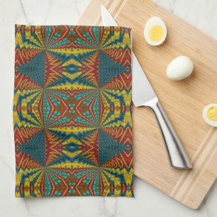 Cool Blue Red Yellow Retro Geometric Ethnic Tribal Tea Towel