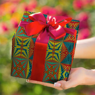 Cool Blue Red Yellow Retro Geometric Ethnic Tribal Wrapping Paper