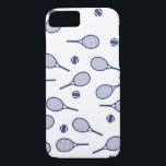 Cool Blue Retro Racquets Pattern Tennis Player    iPhone 8/7 Case<br><div class="desc">Classic Elegant Minimal Navy Blue Tennis Rackets Pattern For Him | Summer Pastel Tennis Court. Gift for tennis player, navy colour racquet tennis match on a white background. Personalised Gift for a tennis player. Trendy tennis players home decor. Trendy modern tennis player gifts. Cool retro modern gift for your school...</div>