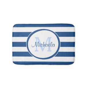 Cool Blue Rugby Stripes With Name and Monogram Bath Mat