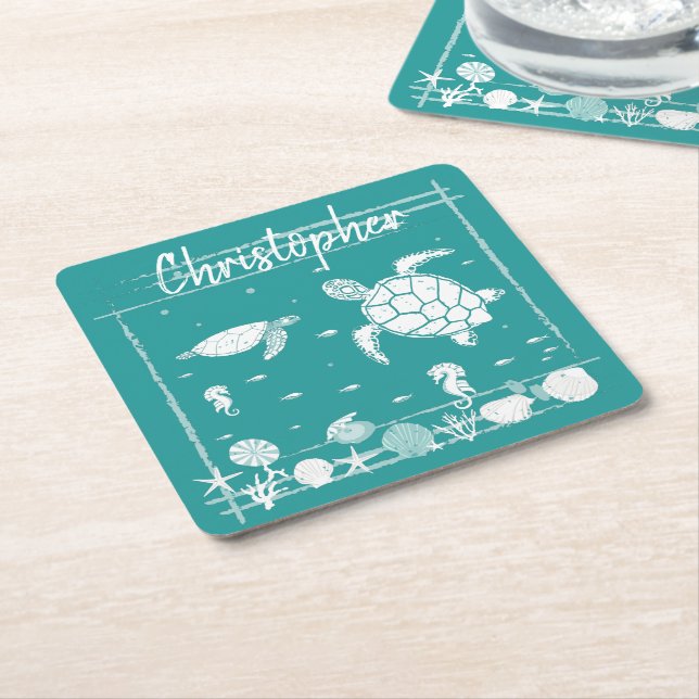 Cool Blue Sea Turtles Custom Square Paper Coaster (Angled)