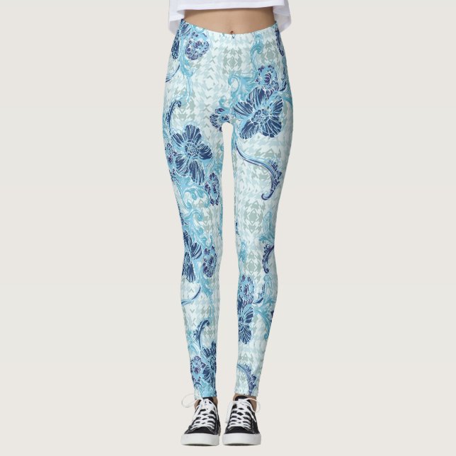 Cool Blue Serenity  with Ocean-Inspired Pattern Leggings (Front)