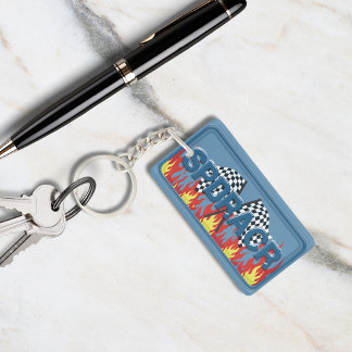 Cool Blue SPDRACR Race Flags and Flames Key Ring