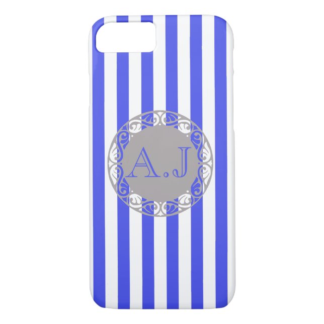 Cool Blue Stripe Pattern Monogram Case-Mate iPhone Case (Back)