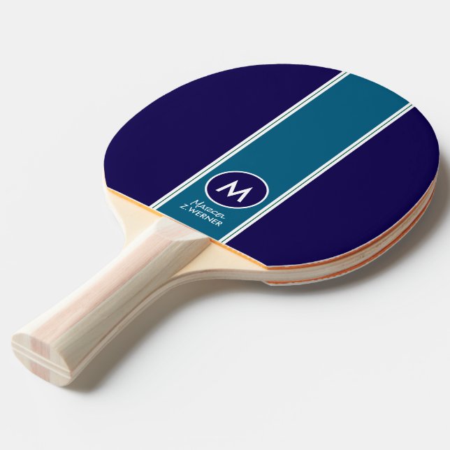 Cool Blue Stripe with Monogram Ping Pong Paddle (Front Angle)
