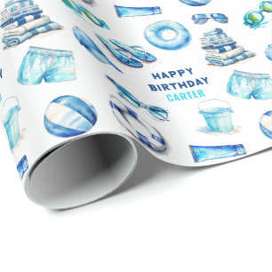 Cool Blue Summer Boys Birthday Wrapping Paper