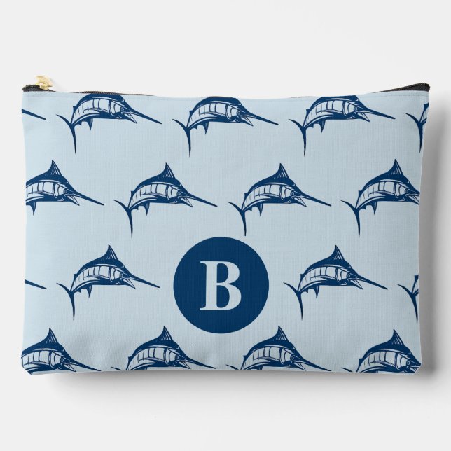 Cool Blue Swordfish Pattern Monogram Accessory Pouch (Front)