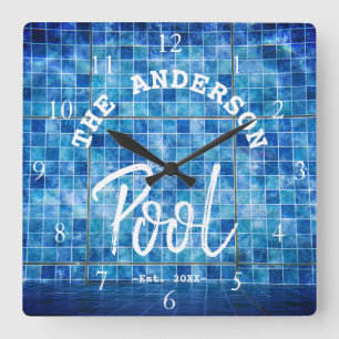 Cool Blue Tile Swimming Pool Family Name Custom La Square Wall Clock