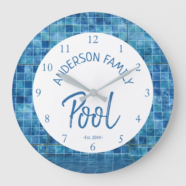 Cool Blue Tile Swimming Pool Family Name cUSTOM Large Clock (Front)