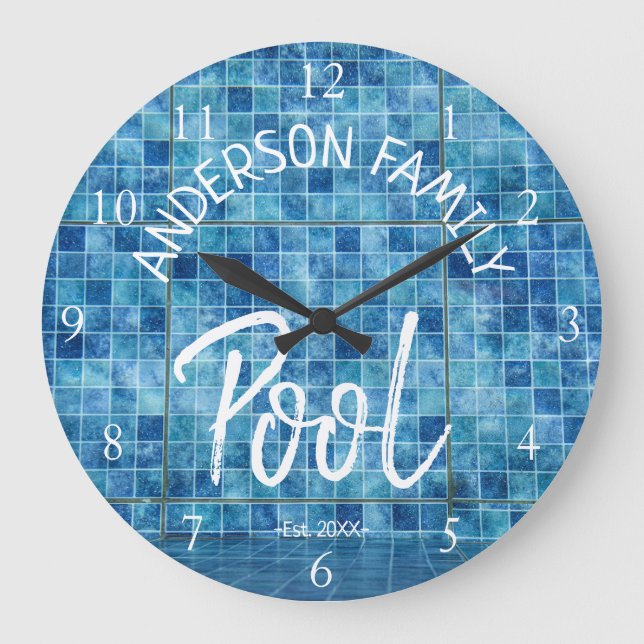 Cool Blue Tile Swimming Pool Family Name cUSTOM Large Clock (Front)