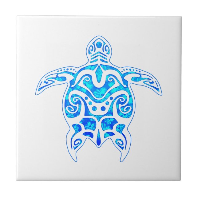 Cool Blue Tribal Turtle Ceramic Tile (Front)