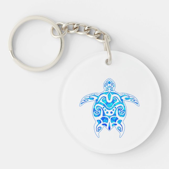 Cool Blue Tribal Turtle Key Ring (Front)