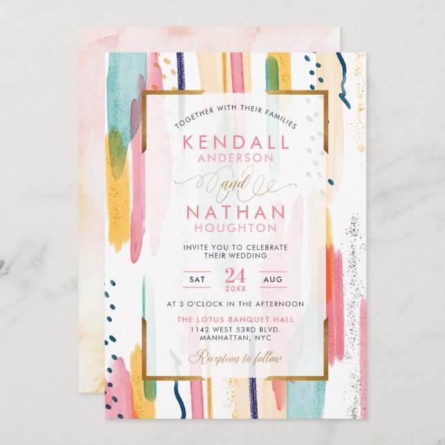 Cool Blue Watercolor Memphis Chic Wedding Invitation (Front/Back)