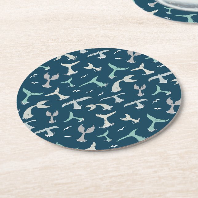 Cool Blue Whale Tails Ocean Print Round Paper Coaster (Angled)