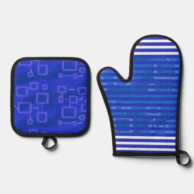 Cool Blue White Geometric Stripes Oven Mitt & Pot Holder Set (Front)