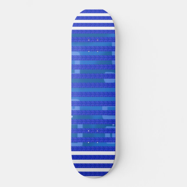 Cool Blue White Geometric Stripes Skateboard (Front)