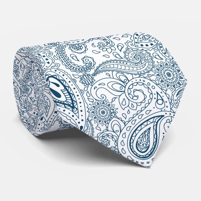 cool blue white paisley tiled pattern neck tie (Rolled)