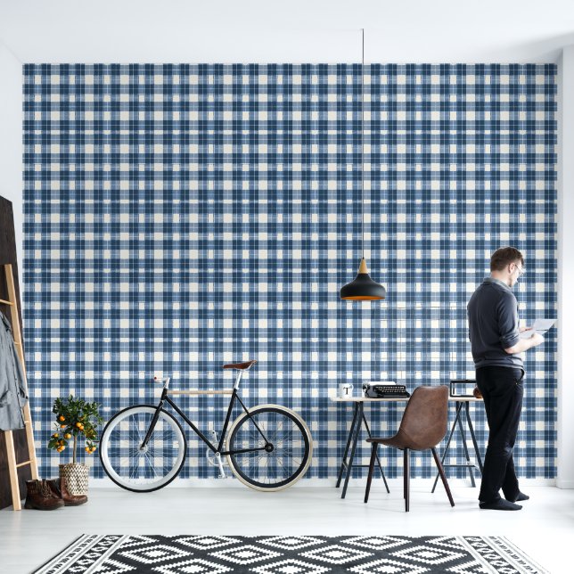 Cool Blue white plaid tiled pattern Wallpaper (Living Room)