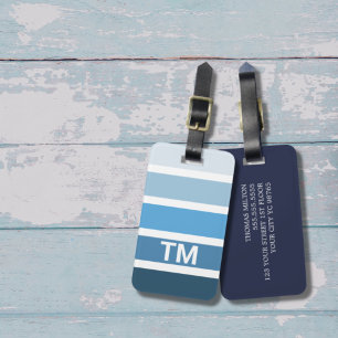 Cool Blue White Stripes Monogram Luggage Tag