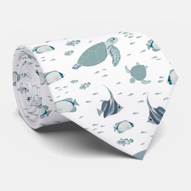 Cool Blue White Turtles and Fish Ocean Pattern Tie (Rolled)