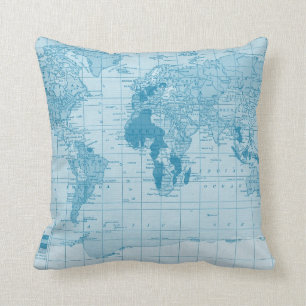 Cool Blue World Map Pillow