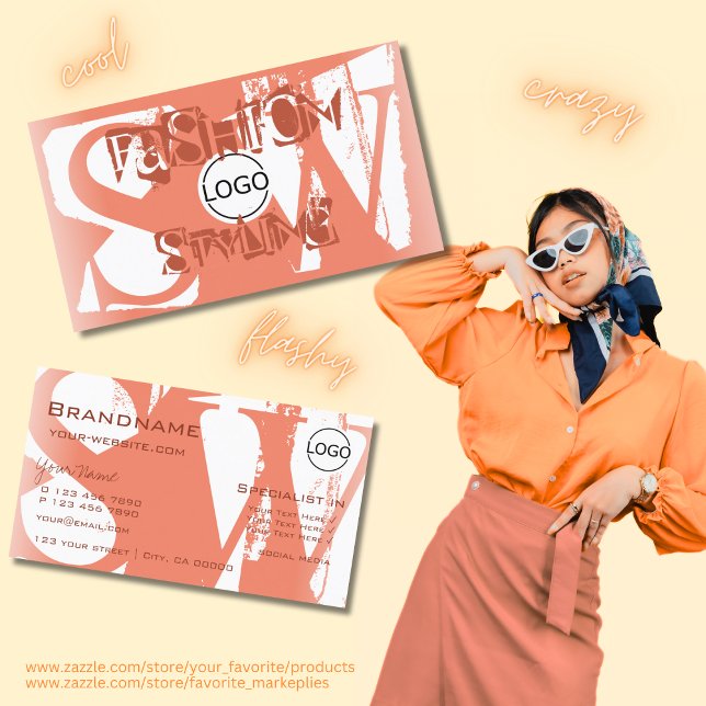 Cool Blush Red White with Logo and Monogram Business Card (Creator Uploaded)