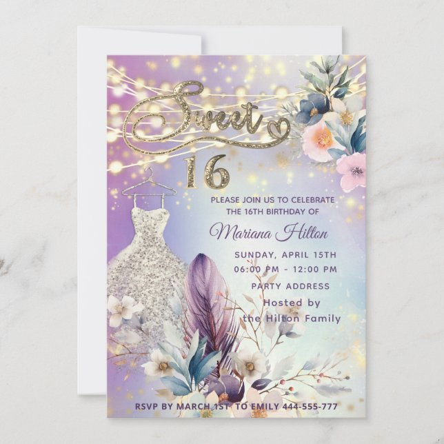 Cool boho floral glitter  String lights sparkle  Invitation (Front)
