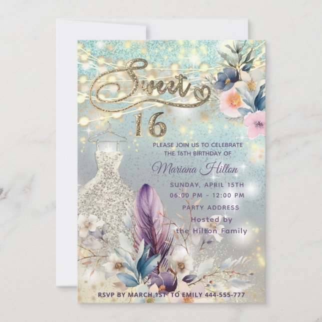 Cool boho floral glitter  String lights sparkle  Invitation (Front)