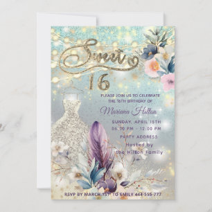 Cool boho floral glitter  String lights sparkle  Invitation