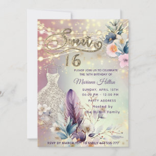 Cool boho floral glitter String lights sparkle Invitation