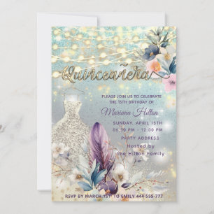 Cool boho floral glitter String lights sparkle Invitation