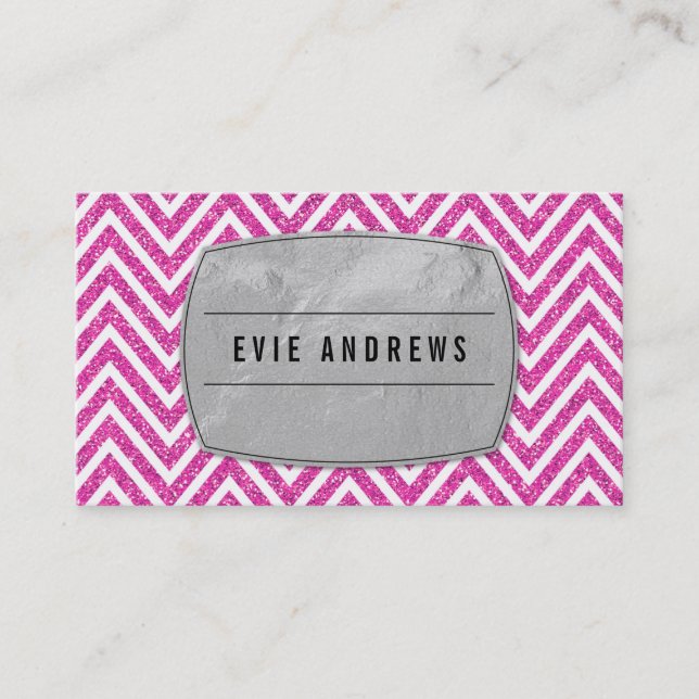 COOL bold chevron pattern silver foil glitter pink Business Card (Front)