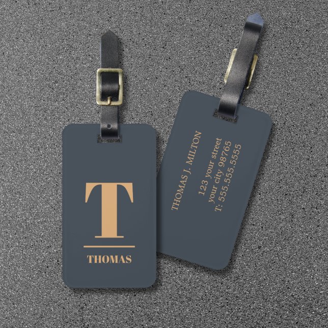 Cool Bold Monogram Deep Blue Brown Luggage Tag (Creator Uploaded)