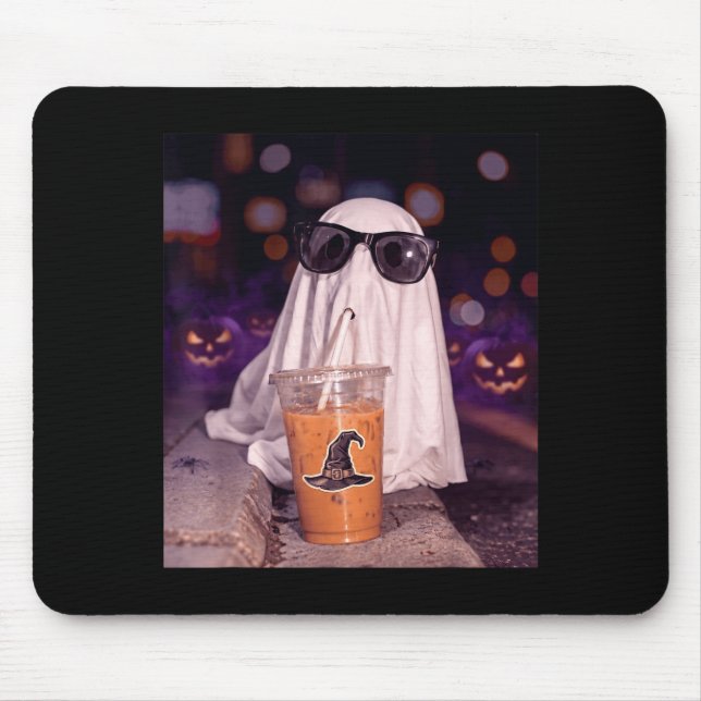 Cool boo ghost drinking iced coffee halloween mouse pad (Front)