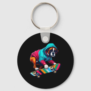 Cool Boxer Dog Skateboarding Illustration Art Key Ring