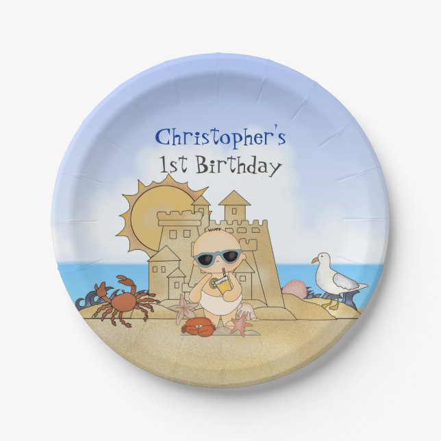Cool Boy Beach Baby and Sandcastle 1st Birthday Paper Plate (Front)