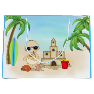 Cool Boy Beach Baby with Sandcastle and Surfboard Large Gift Bag