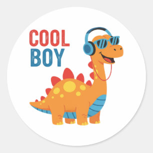 Cool Boy Dinosaur Headphones Sunglasses Classic Round Sticker